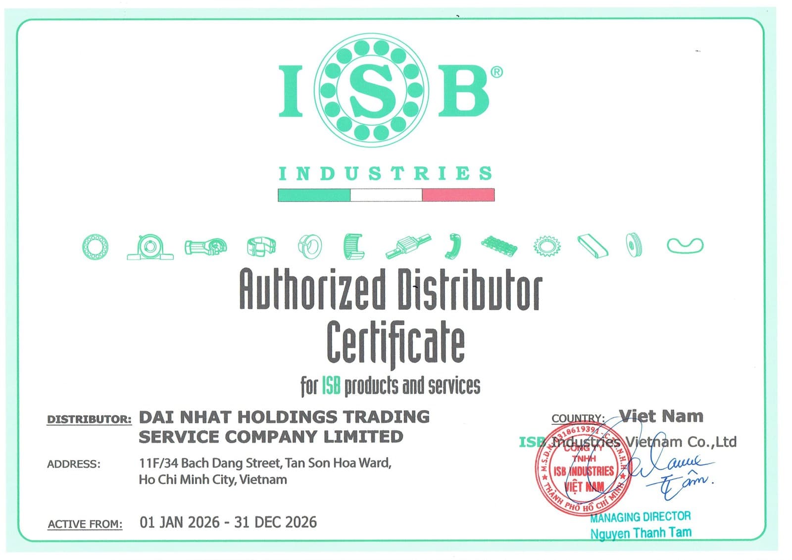 Chứng nhận Đại lý phân phối chính thức ISB tại Việt Nam